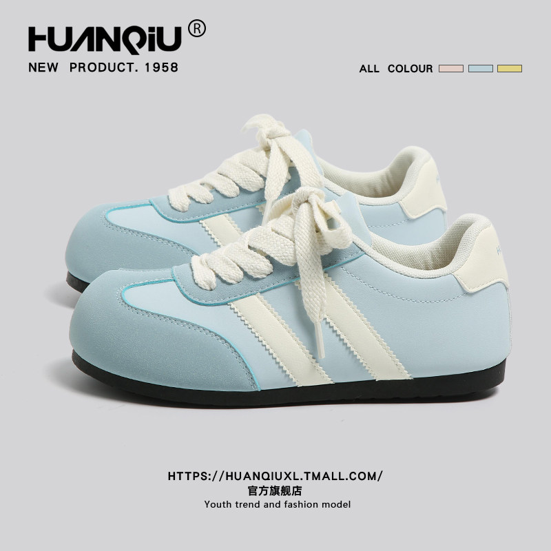 环球蓝色多巴胺大头泡芙鞋女款2026春季新款可爱圆头板鞋厚底板鞋