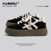 女2026新款 春季 小个子厚底增高休闲板鞋 环球黑色德训鞋 复古小黑鞋