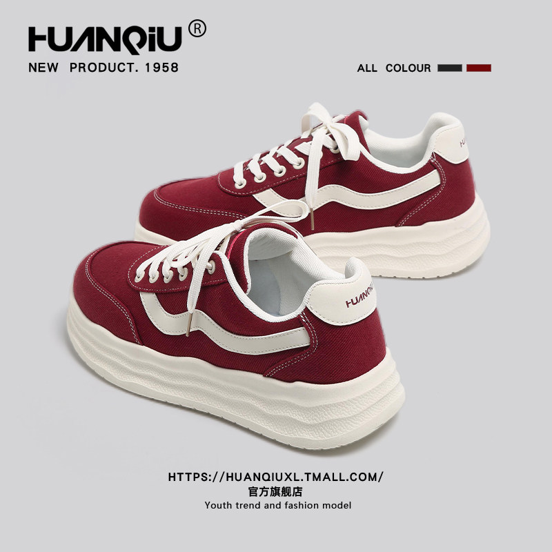 环球复古酒红厚底帆布鞋男款2026新款春季潮流小众休闲运动板鞋爆