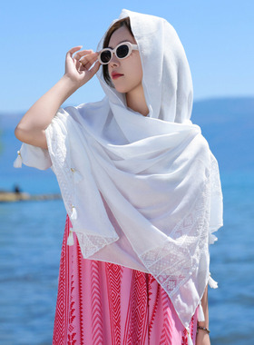 白色围巾女茶卡盐湖沙漠旅游出片丝巾斗篷复古防晒超大西北披肩