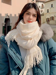 围巾女秋冬季韩版长款百搭披肩高级感仿羊绒纯色加厚米白色围脖男