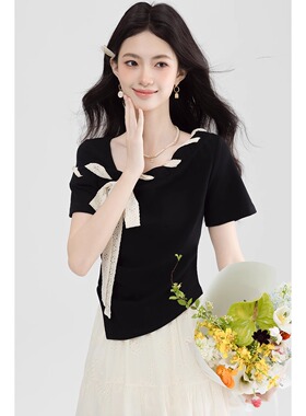 破界衣柜【40支精棉】黑色斜肩短袖T恤女夏季独特绝美气质显瘦漂