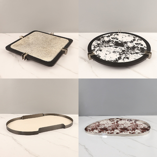 轻奢木质马毛皮革金属香薰托盘客厅茶几样板间长形收纳盘装 饰摆件