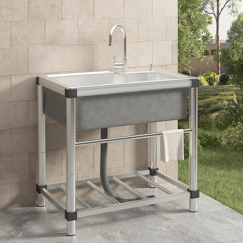 加厚厨房水槽大单槽不锈钢洗菜盆带支架户外室外阳台落地洗手水池