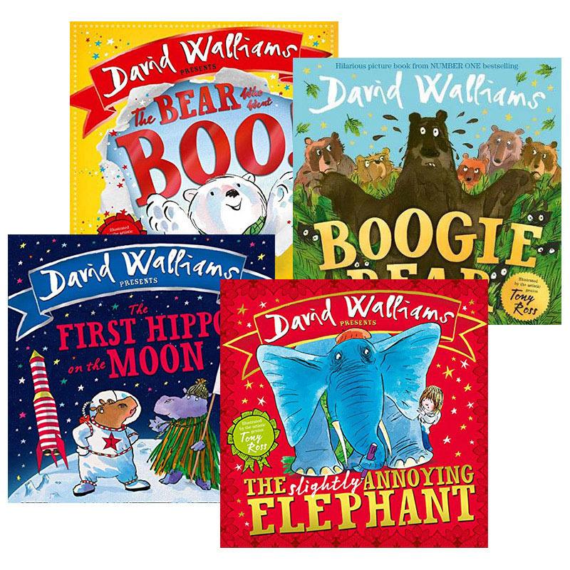 大卫少年幽默绘本4册套装 英文原版 David Walliams 河马登月记 有点烦人的大象 爱吓唬人的小熊 布吉熊 儿童英语启蒙图画故事书