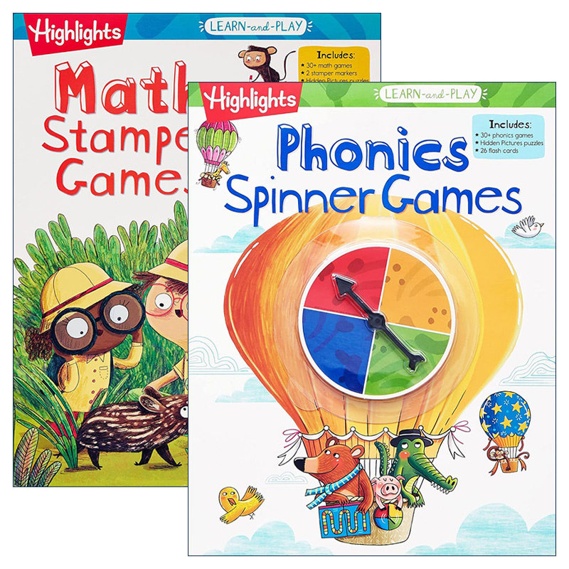 英文原版 Highlights Learn-and-Play 亮点边玩边学系列2册 数学印章游戏/拼读旋转游戏 幼儿园儿童自然拼读学习活动书 含抽认卡