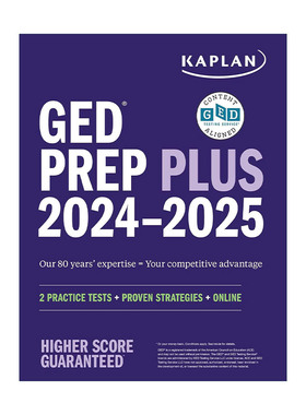 英文原版 GED Test Prep Plus 2024-2025卡普兰GED考试备考指南 含2套试题+1千道问答+60小时在线视频教学 英文版进口英语原版书籍