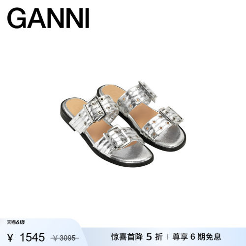【惊喜首降】GANNI女鞋 银色双搭扣孔眼露趾时尚平底凉鞋S2666018