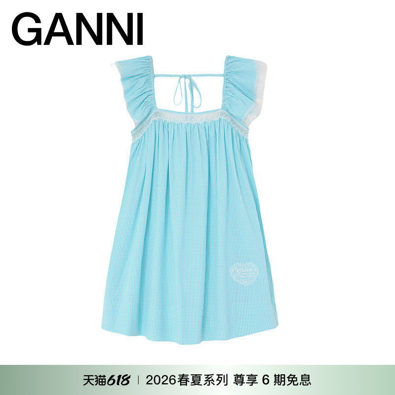 【春夏新款】GANNI女装 亮蓝色格纹娃娃裙系带连衣裙 A1030600803