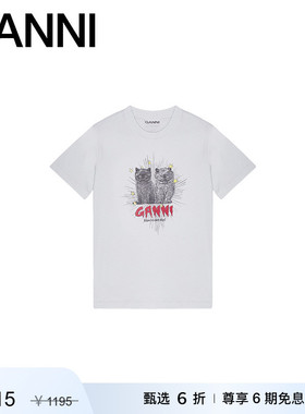 【甄选折扣】GANNI女装 趣味猫咪印花T恤白色休闲短袖衫 T4165628