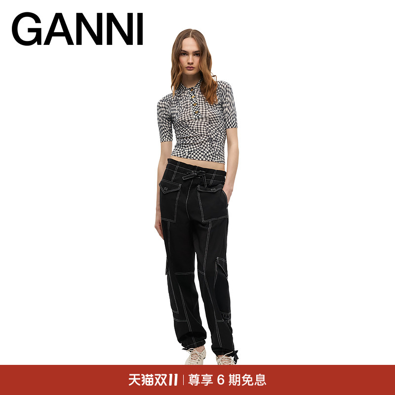 GANNI女装 经典格纹修身短款polo衫短袖上衣K2492099