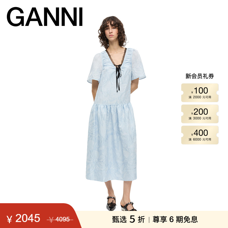 【甄选折扣】ganni女装 蓝色法式优雅缩褶系带连衣裙长裙W0467326