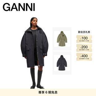 GANNI女装 派克大衣外套 纯色简约LOGO拉链连帽中长款