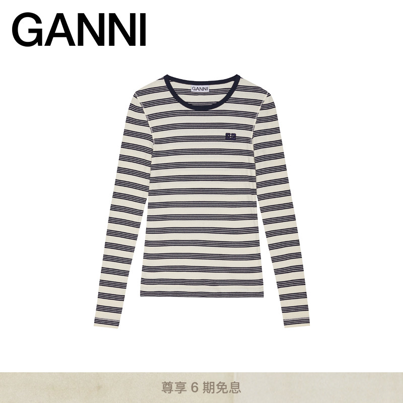 GANNI女装  深蓝色条纹棉质长袖T恤打底衫 T4145683