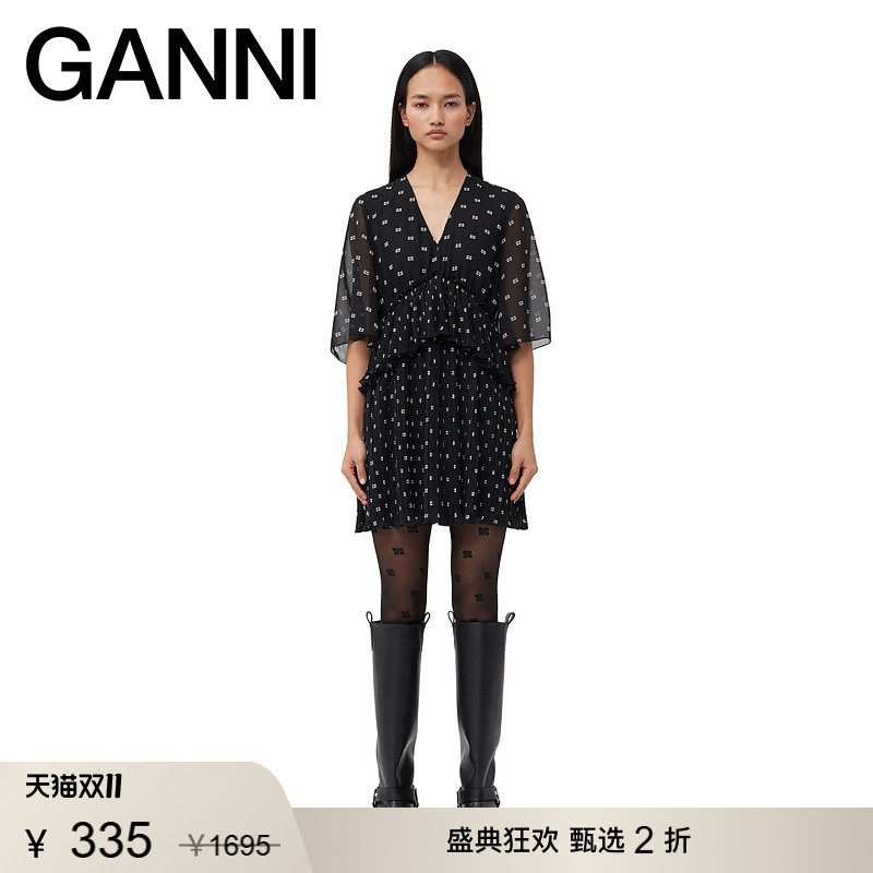 【甄选折扣】GANNI女装 黑色V领印花裙子五分袖夏连衣裙 F9104099