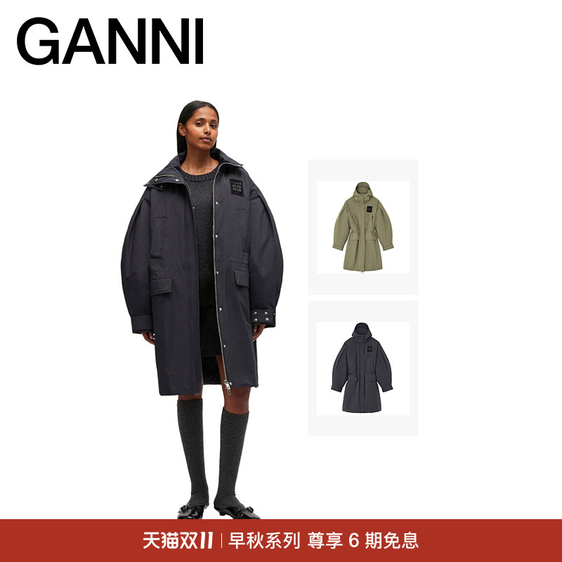 【早秋新品】GANNI女装 纯色简约LOGO拉链连帽中长款派克大衣外套