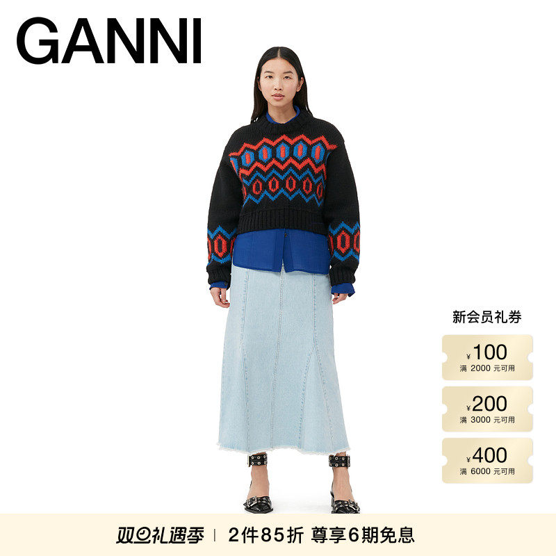 新品厚实提花绵羊毛衫GANNI