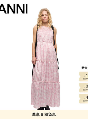 GANNI女装 格纹系带海边度假风缩褶吊带连衣裙少女长裙W0973038