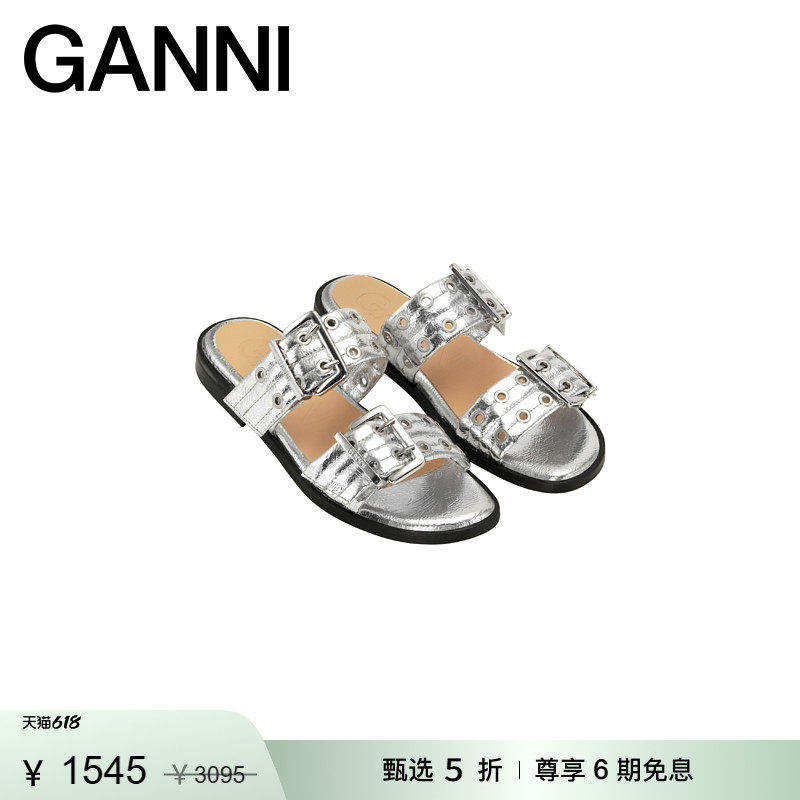 【惊喜首降】GANNI女鞋 银色双搭扣孔眼露趾时尚平底凉鞋S2666018