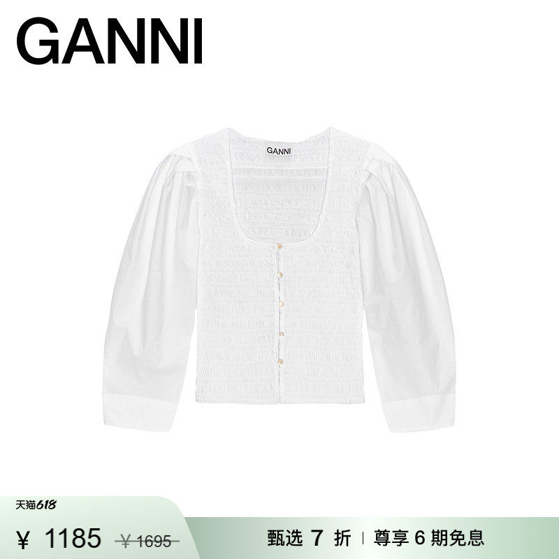 【甄选折扣】GANNI女装 白色U领纽扣罩衫修身上衣衬衫 F9097151