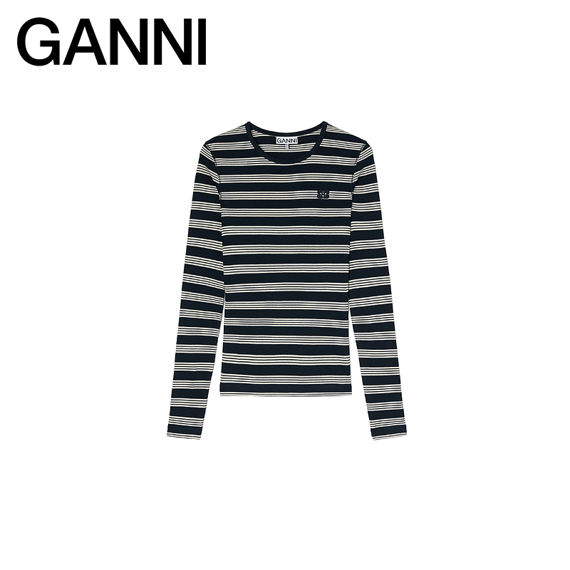 【秋冬新品】GANNI女装 简约条纹修身罗纹打底内搭T恤A1050066683