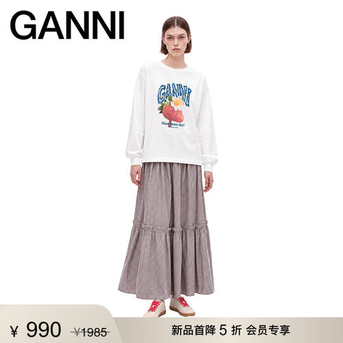 【新品首降】GANNI女装 白色长袖衫宽松秋季印花T恤 A1050241151