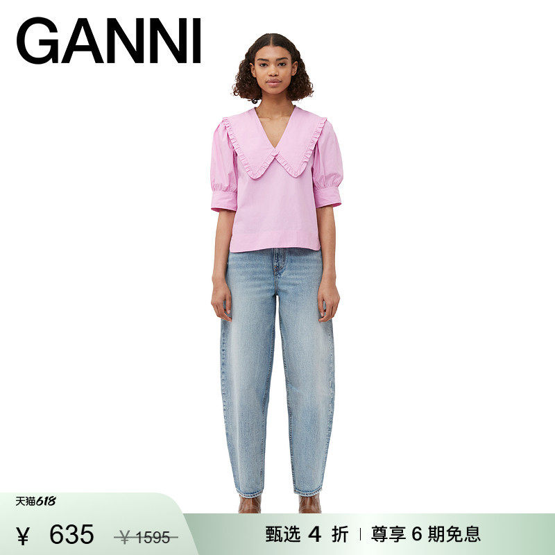 【甄选折扣】GANNI女装 春粉色娃娃领泡泡袖棉府绸衬衫 F8636761