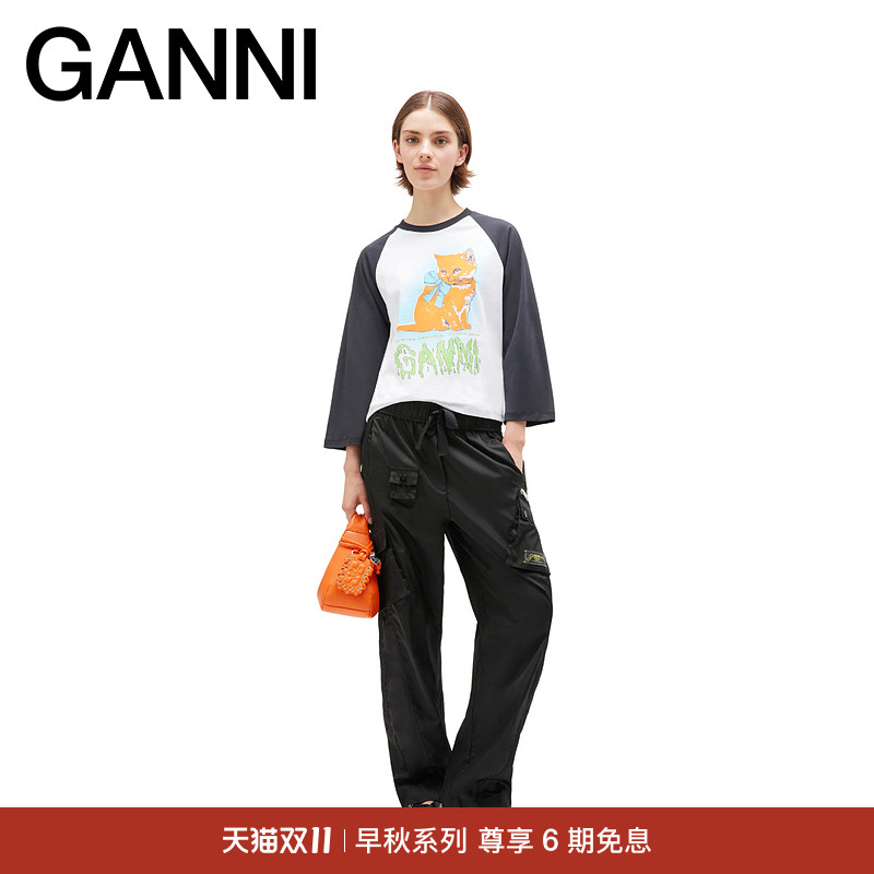 【早秋新品】GANNI女装 猫咪印花宽松撞色插肩长袖T恤 T4341151