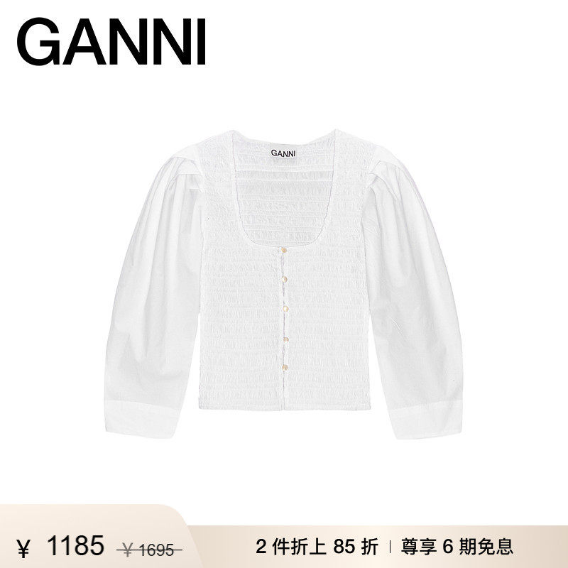 【折上2件85折】GANNI女装 白色U领纽扣罩衫修身上衣衬衫F9097151
