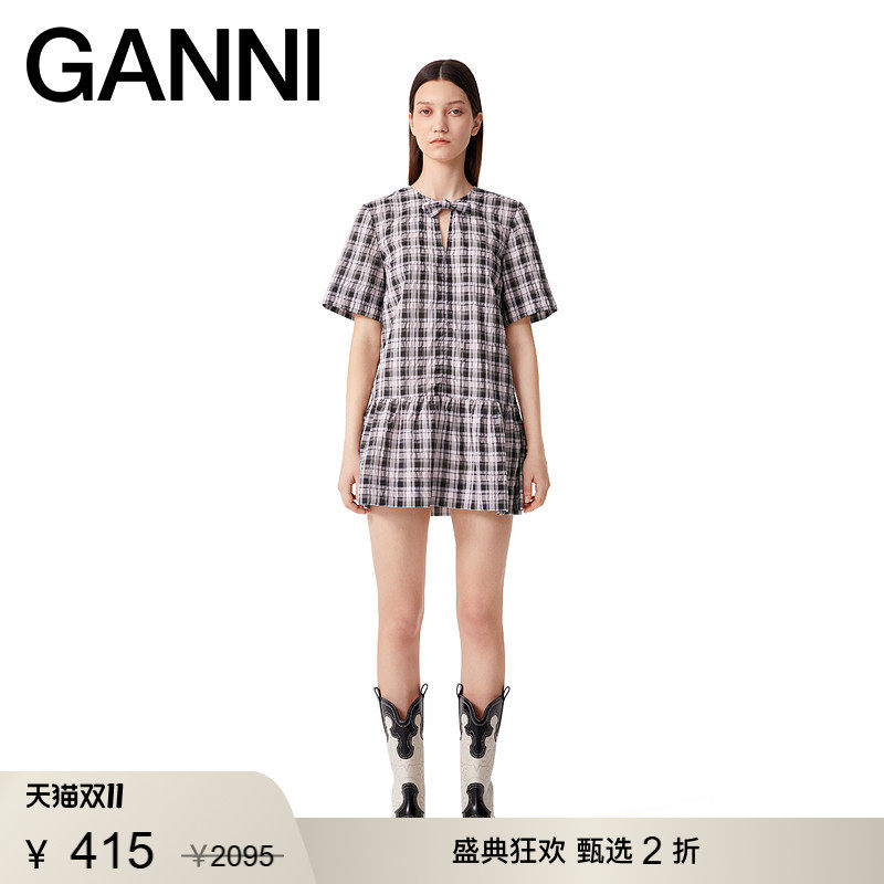 【甄选折扣】GANNI女装 泡泡纱短款夏季格纹短袖连衣裙 F9637428