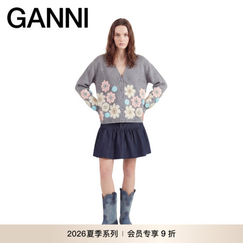 【新品会员9折】GANNI女装 早秋刺绣V领毛衣针织开衫 A1070252920