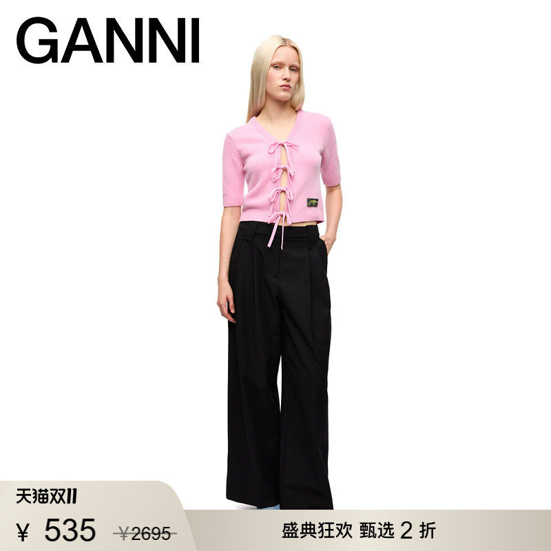 【甄选折扣】GANNI女装 系带精致针织短袖早秋薄款开衫 K2478065