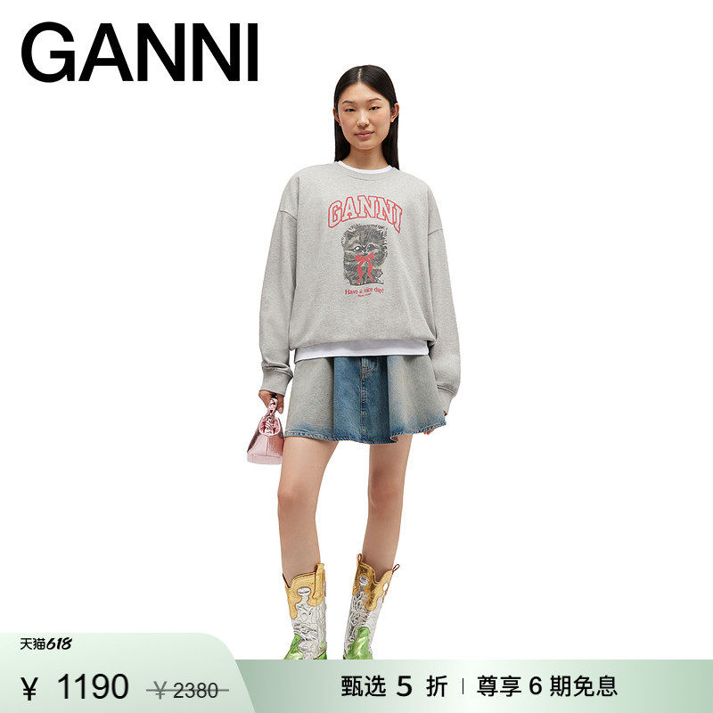 【甄选折扣】GANNI女装 灰色小猫宽松休闲连帽卫衣 A1060016920