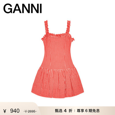 【甄选折扣】GANNI女装 荷叶边甜美风裙子格子吊带连衣裙W0677474
