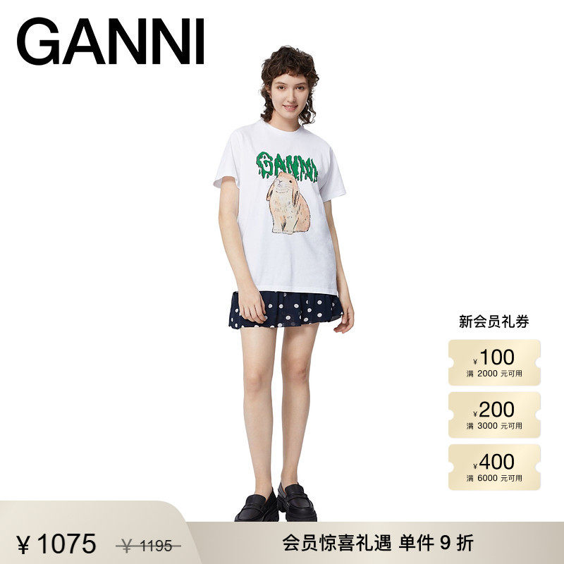 GANNI女装 经典款呆萌兔子图案动物印花休闲圆领短袖宽松T恤衫