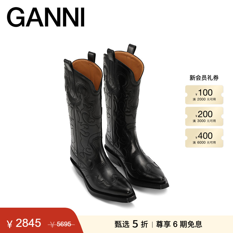新品中筒刺绣西部靴GANNI