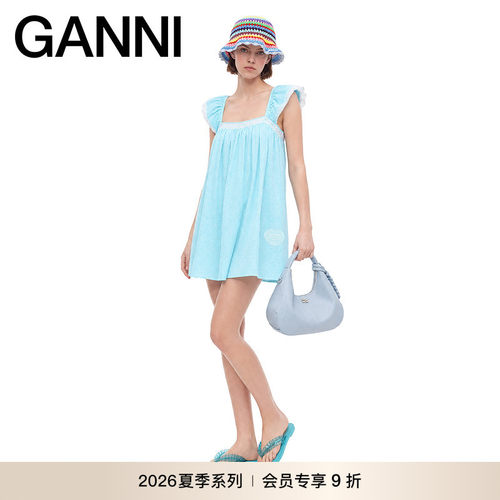 【夏季新款】GANNI女装 亮蓝色格纹娃娃裙系带连衣裙 A1030600803