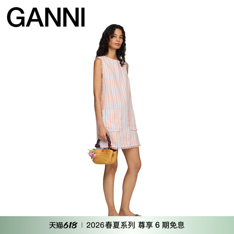【春夏新款】GANNI女装 橙色条纹连衣裙亚麻无袖短裙 A1030582ZZ1