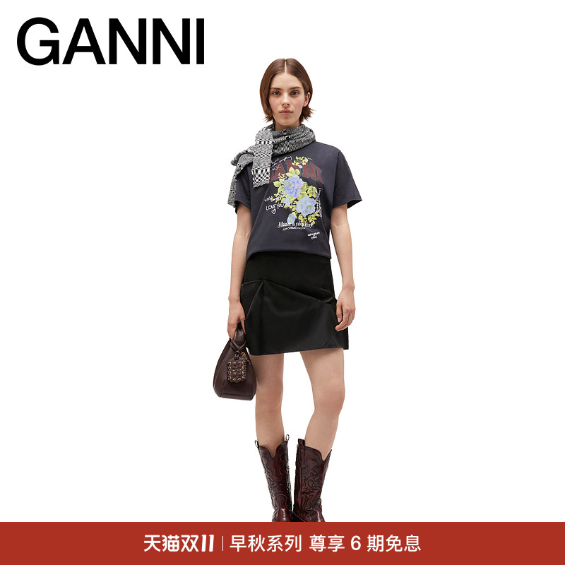 【早秋新品】GANNI女装 黑色玫瑰印花宽松短袖T恤上衣 T4342252