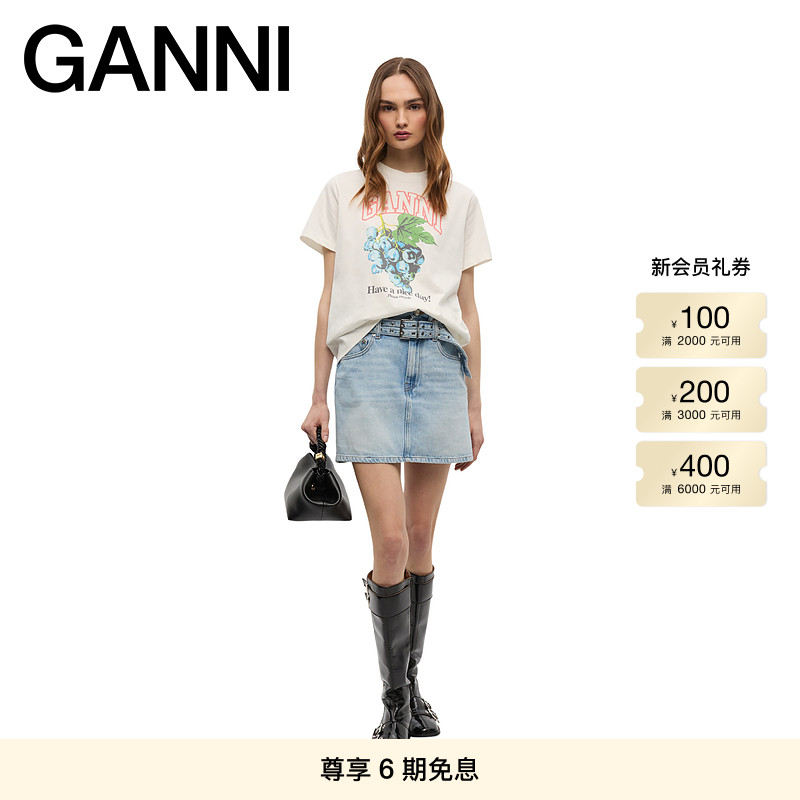 GANNI女装 白鹭色葡萄印花圆领短袖T恤上衣 T4230135