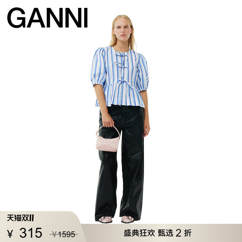【甄选折扣】GANNI女装 银湖蓝条纹系带五分泡泡袖上衣 F9184695