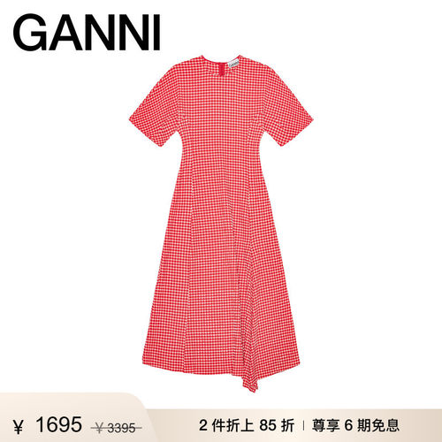 【折上2件85折】GANNI女装 甜美风格子收腰裙气质连衣裙 W0666474