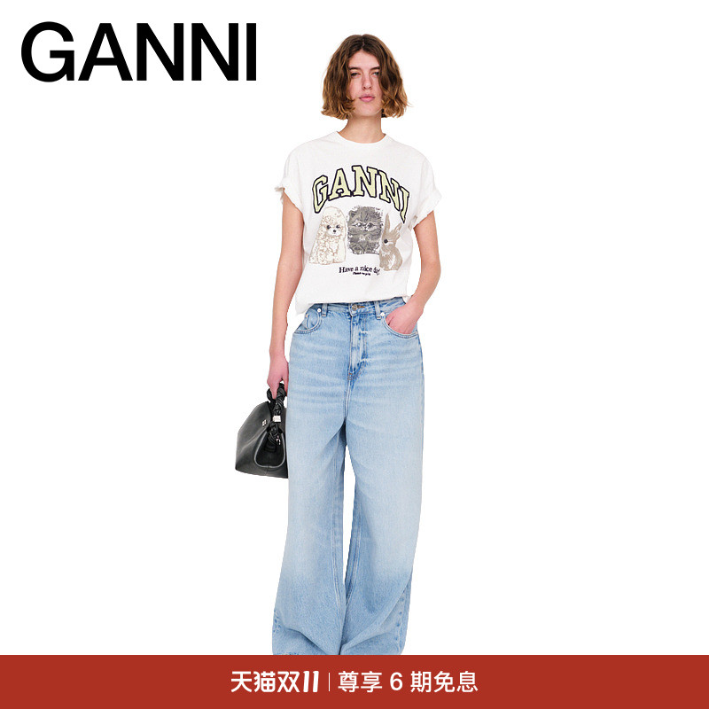 GANNI女装 可爱小动物印花圆领短袖T恤上衣 T4237151