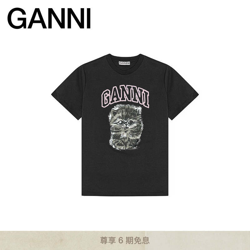 GANNI女装 黑色趣味小猫印花圆领短袖T恤 T4385252