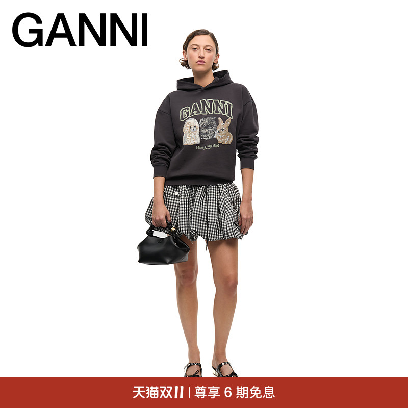 GANNI女装 黑色小动物印花连帽衫长袖卫衣 T4270252