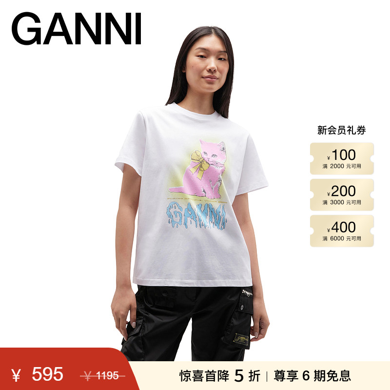 【秋冬首降】GANNI女装 优雅猫咪印花宽松短袖T恤上衣 T4339151