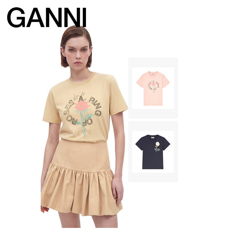 【独家惊喜盒】GANNI女装 可爱猫咪印花纯棉白色正肩夏日短袖T恤