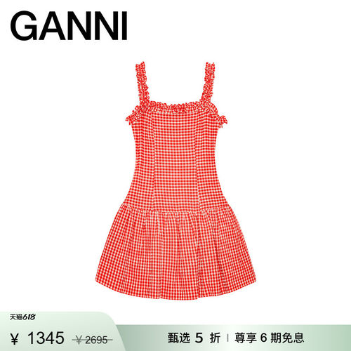 【甄选折扣】GANNI女装 荷叶边甜美风裙子格子吊带连衣裙W0677474