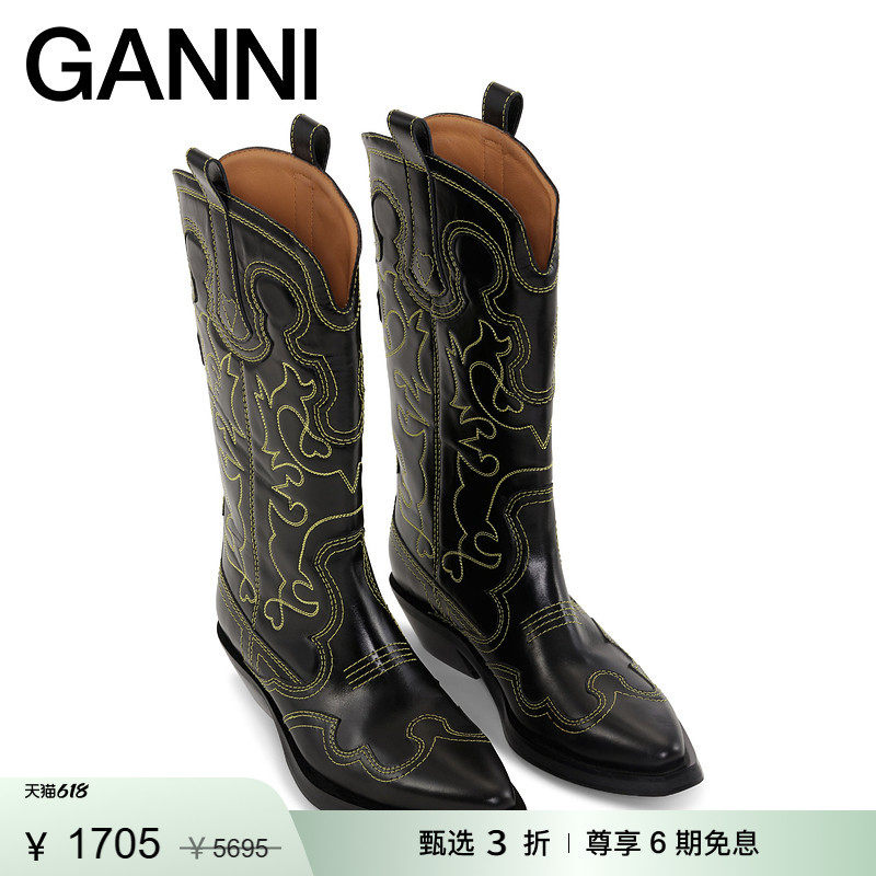 【甄选折扣】GANNI女鞋 复古刺绣中筒鞋子西部靴骑士靴 S2169099