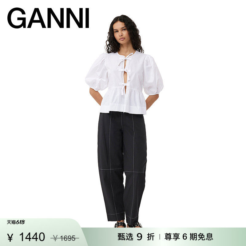 【甄选折扣】GANNI女装 白色系带泡泡袖棉府绸衬衫休闲宽松上衣